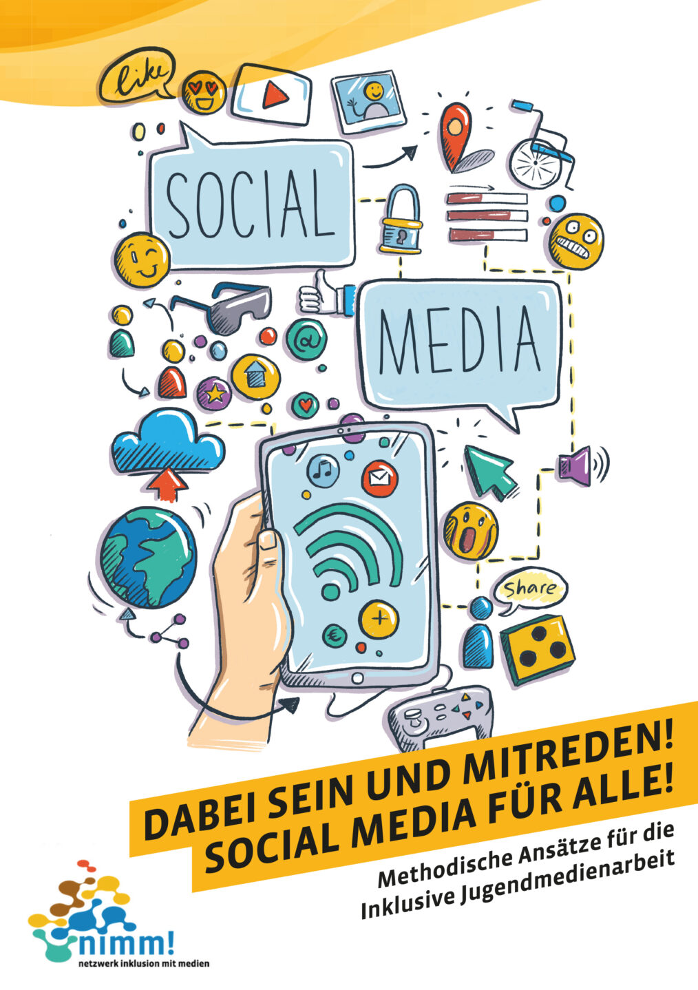 Illustration einer Hand mit Smartphone umgeben von Social-Media-Symbolen und Sprechblasen mit den Worten 'Social Media'