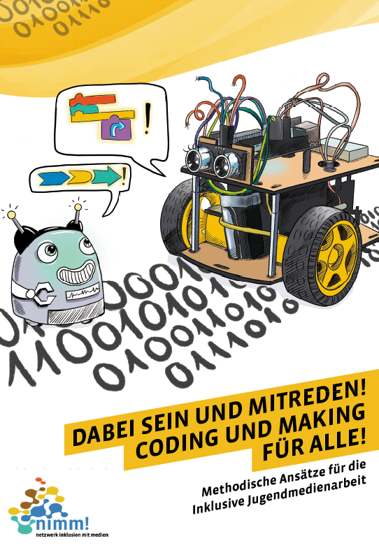 Illustration von zwei verschiedenen Robotern mit Sprechblasen, umgeben von Binärcode,