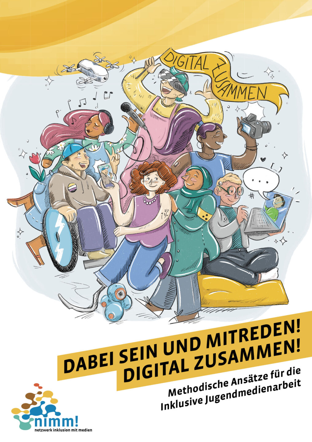 Illustration von vielfältigen Jugendlichen, darunter jemand im Rollstuhl. Man sieht digitale Geräte und einen Banner auf dem 'Digital Zusammen' steht.