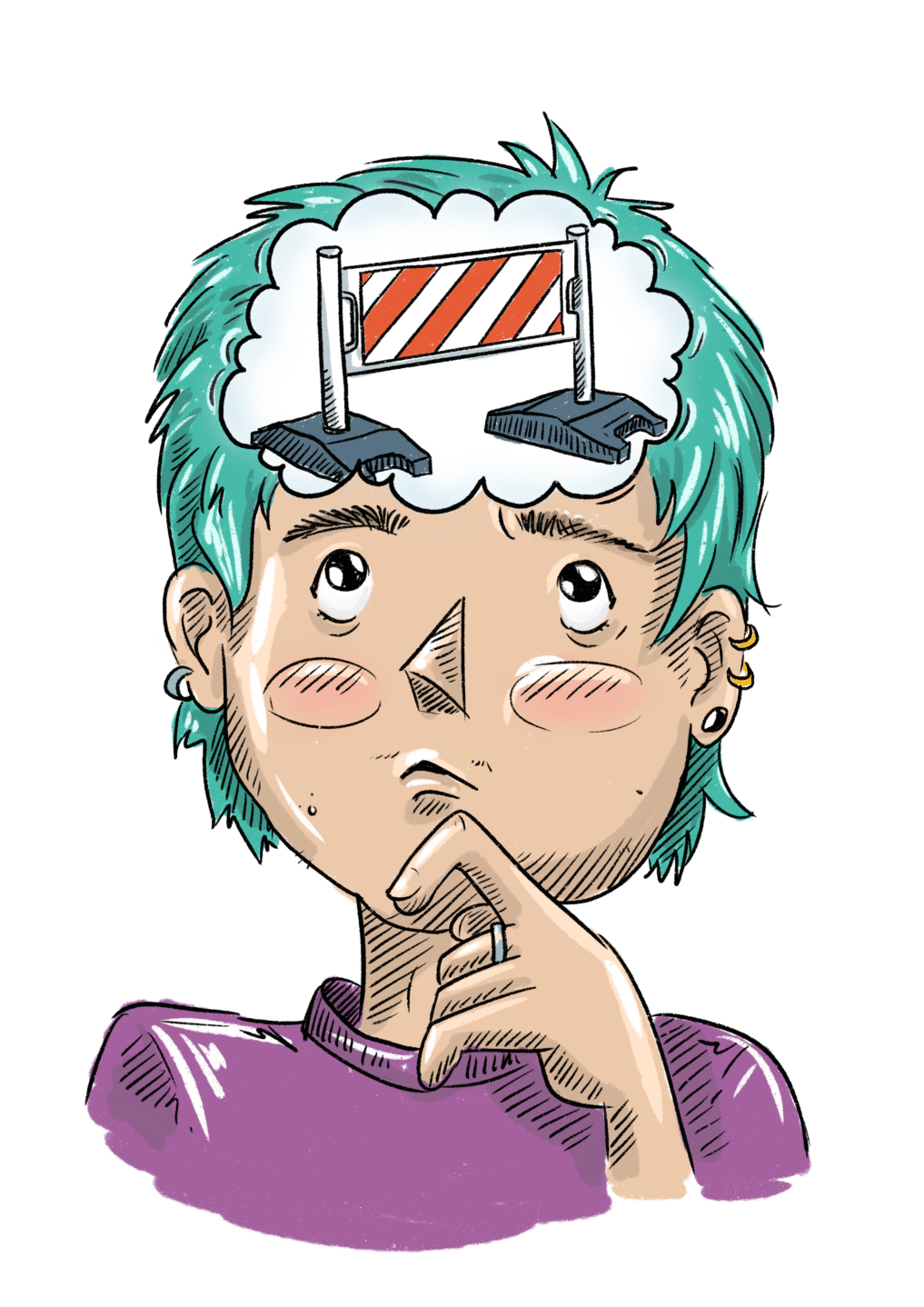Illustration - Person mit grünen Haaren denkt nach, über dem Kopf eine Baustellenabsperrung als Symbol für eine Blockade im Kopf