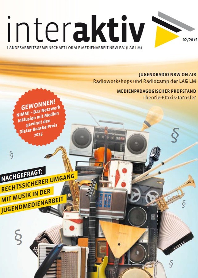 Cover der Zeitschrift 'interaktiv' 02/2015 mit einem Roboter aus Musikinstrumenten und Audiogeräten, Thema rechtssicherer Umgang mit Musik in der Jugendmedienarbeit