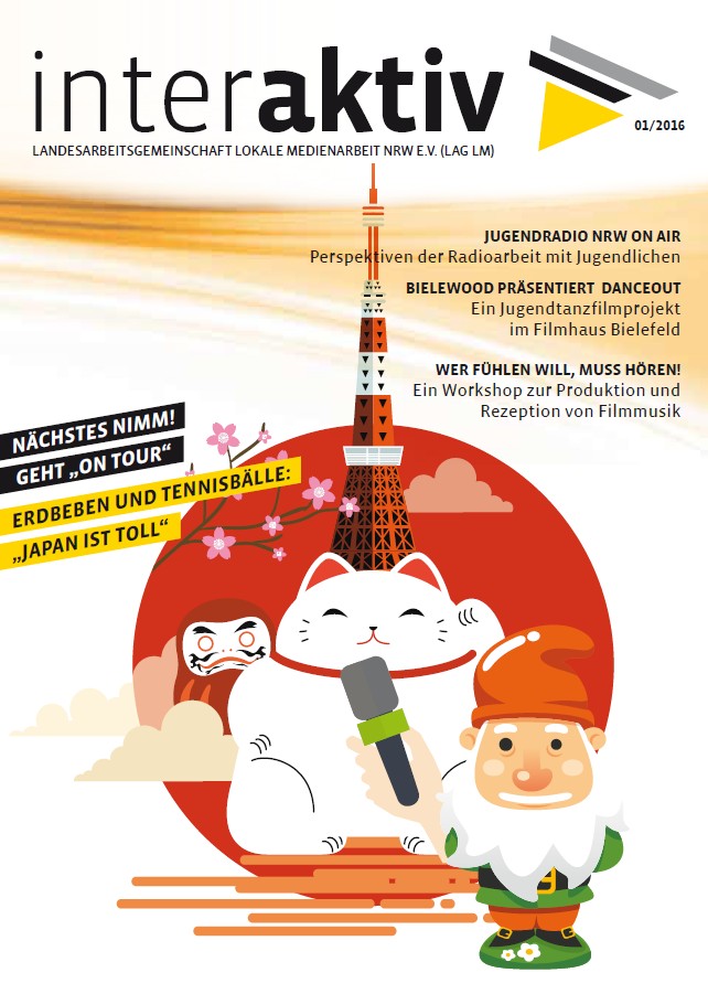 Titelblatt der Zeitschrift 'interaktiv' mit einem Winkekatzen-Maskottchen, das ein Mikrofon hält, einem Gartenzwerg und dem Tokyo Tower im Hintergrund, umgeben von Kirschblütenzweigen.