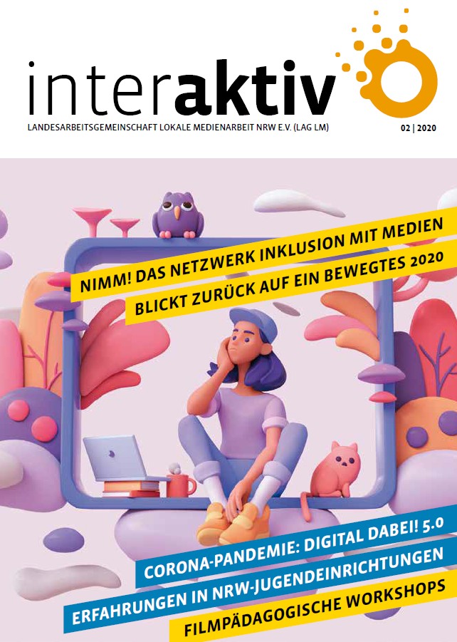 Illustration einer nachdenklichen Person mit Laptop und Katze, umgeben von bunten Pflanzen