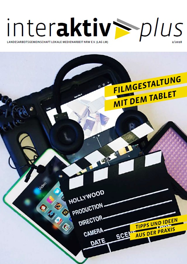 Titelblatt der Zeitschrift 'interaktiv plus' mit Filmklappe, Tablet, Kopfhörern und Kameraausrüstung