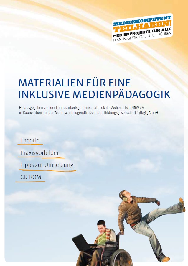 Titelblatt mit dem Text 'Materialien für eine inklusive Medienpädagogik' und einer Person im Rollstuhl neben einer stehenden Person, die einen dynamischen Schritt macht