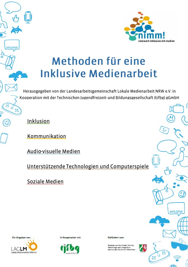 Titelseite eines Dokuments mit dem Titel 'Methoden für eine Inklusive Medienarbeit'. Man sieht verschiedene gezeichnete Icons von audiovisuelle Medien, unterstützender Technologien, Computerspielen und soziale Medien.