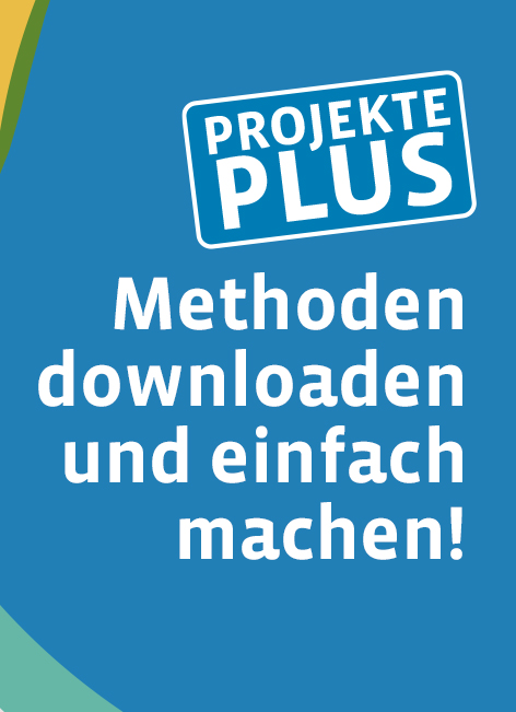 Weißer Text auf blauem Hintergrund: 'Projekte Plus Methoden downloaden und einfach machen!'