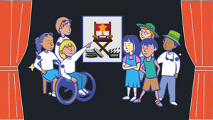 Sechs Kinder, darunter ein Kind im Rollstuhl, stehen auf einer Bühne vor einem Bild mit einem Regiestuhl und Filmklappen
