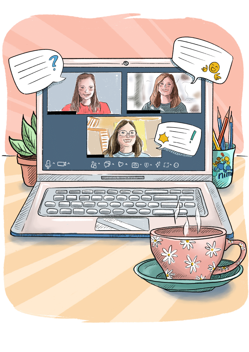 Illustration eines Zoom-Gesprächs: Man sieht einen Laptop auf einem Schreibtisch, auf dem ein Zoom-Gespräch zwischen drei Frauen stattfindet.