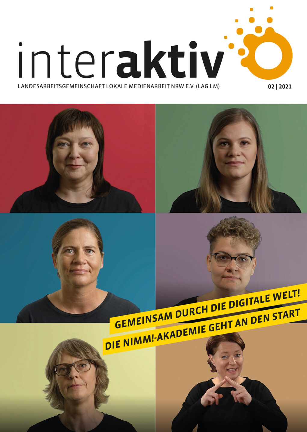 Sechs Porträts von Frauen vor farbigen Hintergründen. Text 'Gemeinsam durch die digitale Welt! Die nimm!-Akademie geht an den Start'
