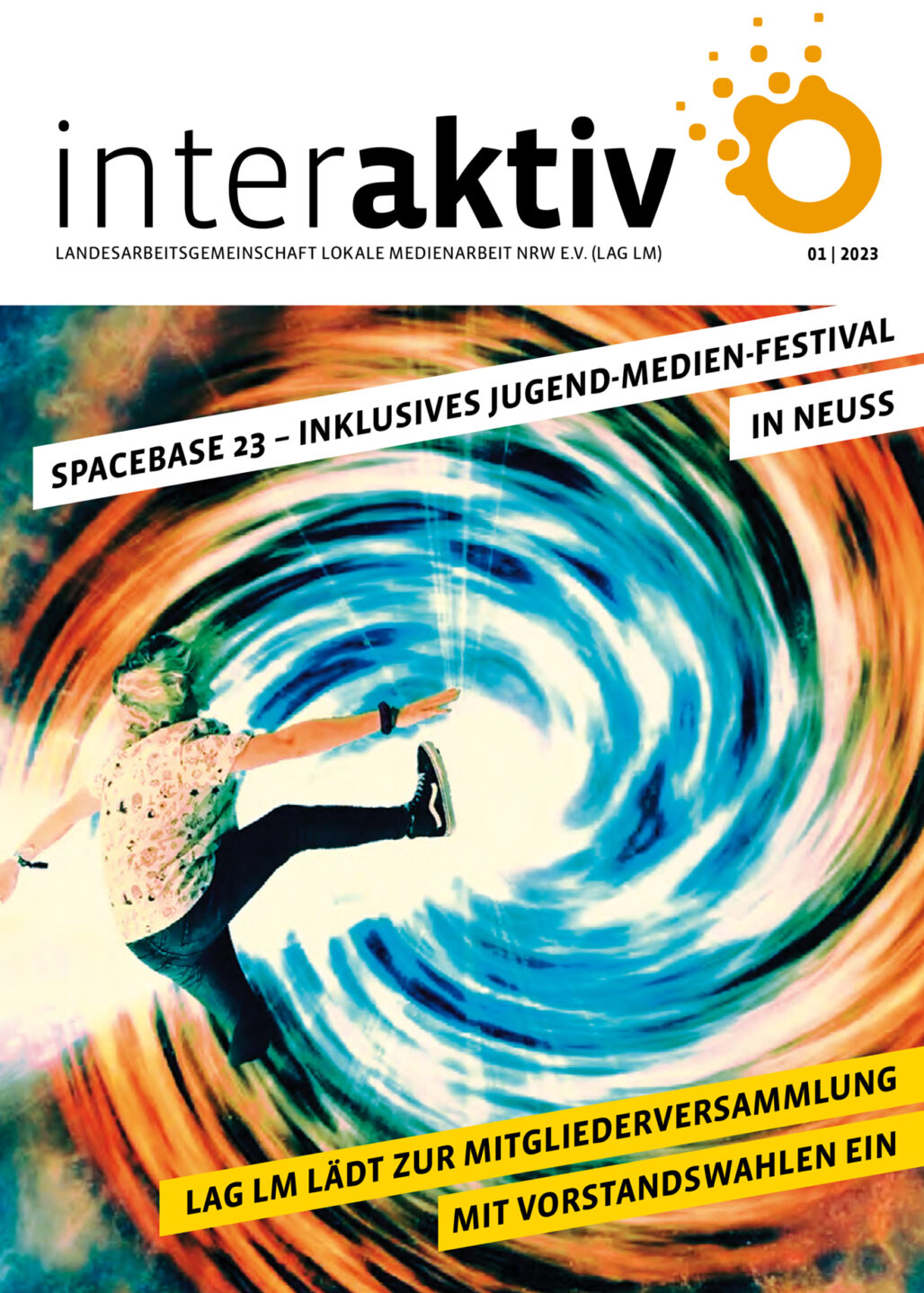 Titelblatt der Zeitschrift interaktiv mit dem Thema Spacebase 23, inklusives Jugend-Medien-Festival in Neuss, und Einladung zur Mitgliederversammlung mit Vorstandswahlen
