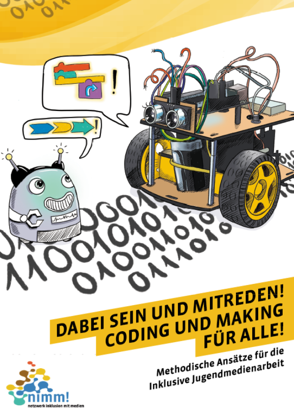 Illustration von zwei verschiedenen Robotern mit Sprechblasen, umgeben von Binärcode,