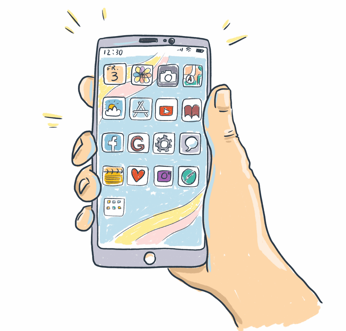 Zeichnung: Eine Hand hält ein Smartphone auf dem viele Apps zu sehen sind.