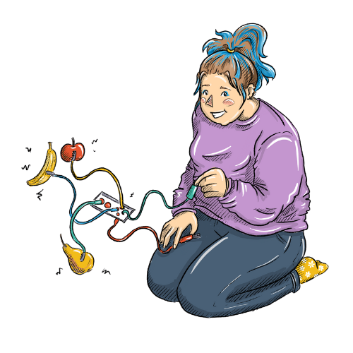 Zeichnung: eine Person nutzt einen MakeyMakey