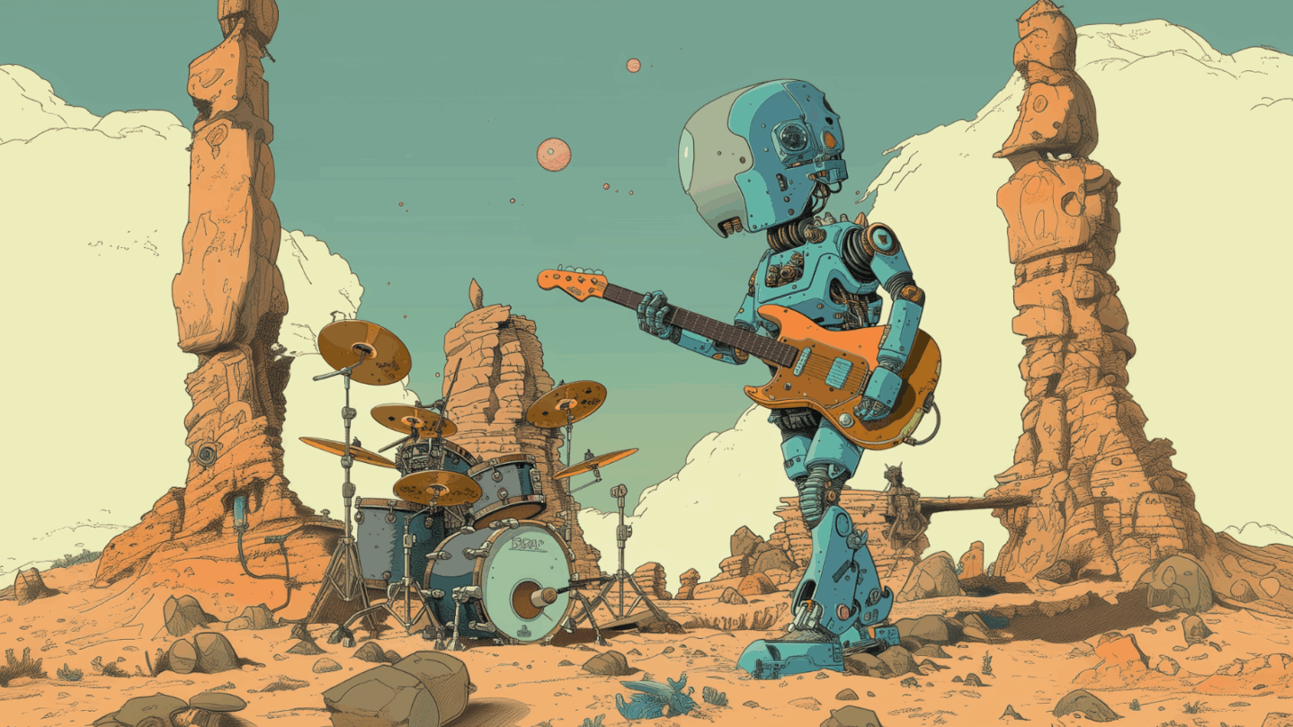 KI-generiertes Bild: ein Roboter spielt Gitarre in einer rauen Felsumgebung