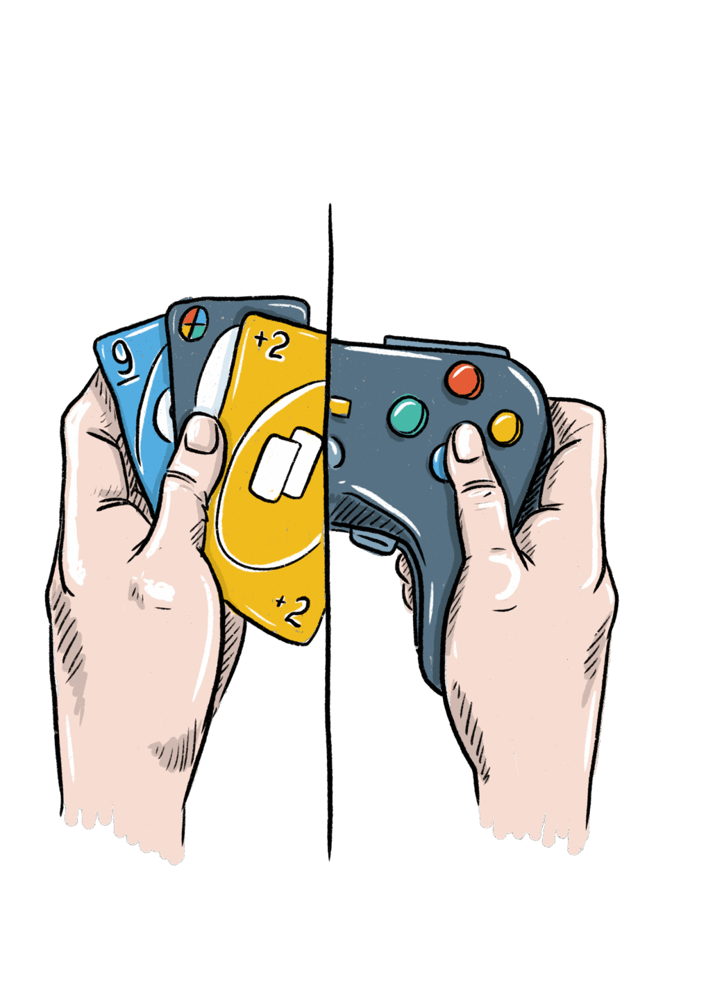 Grafik: das Bild ist zweigeteilt. Links eine Hand, die Spielkarten ähnlich Uno halten, rechts eine Hand, die einen Controller hält.