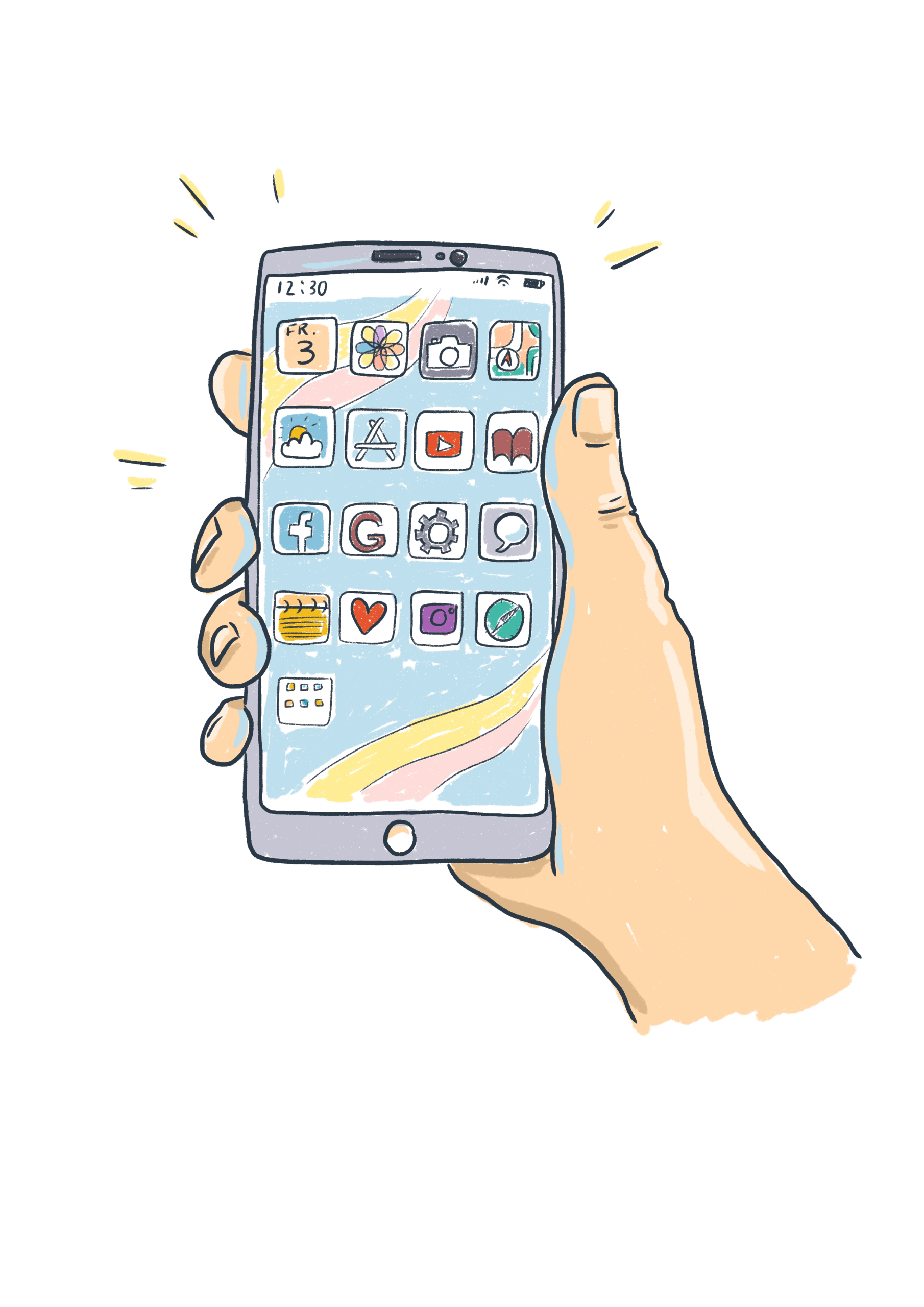 Zeichnung: Eine Hand hält ein Smartphone, auf dem Bildschirm sind viele Icons von Apps abgebildet.