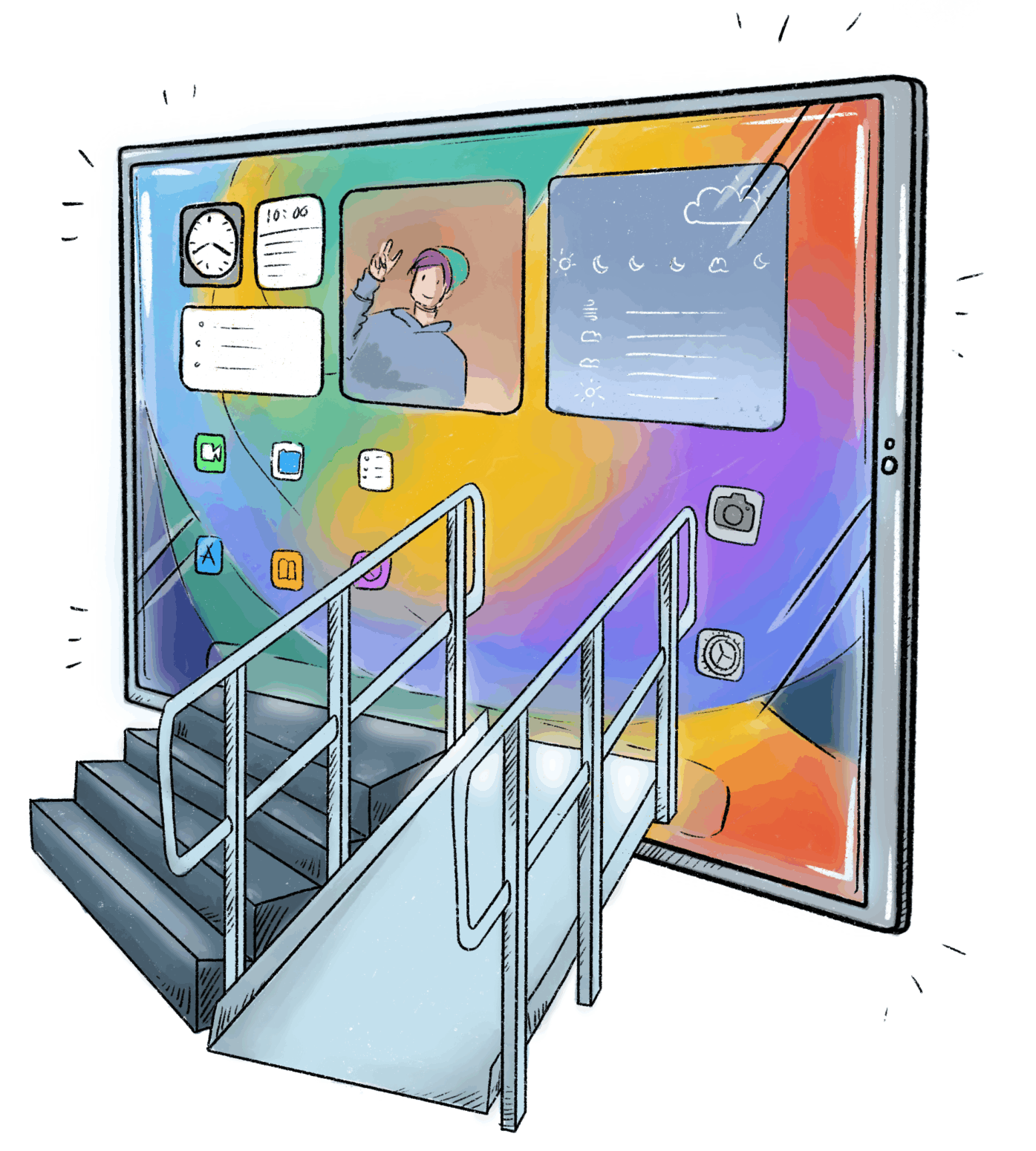 Zeichnung: Tablet mit Treppe und Rampe als Symbol für barrierefreien Zugang zu digitalen Inhalten