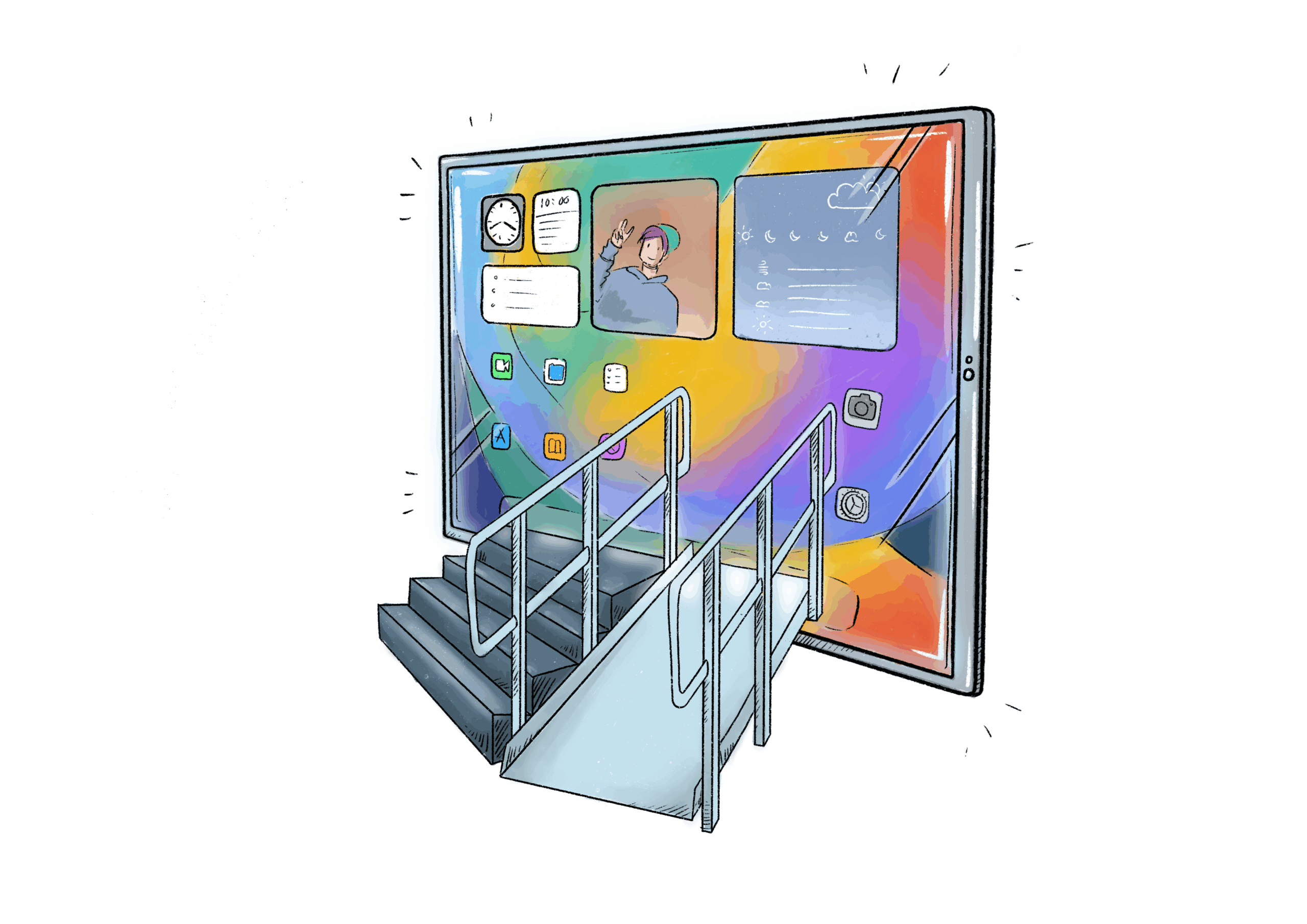Zeichnung: Tablet mit Treppe und Rampe als Symbol für barrierefreien Zugang zu digitalen Inhalten