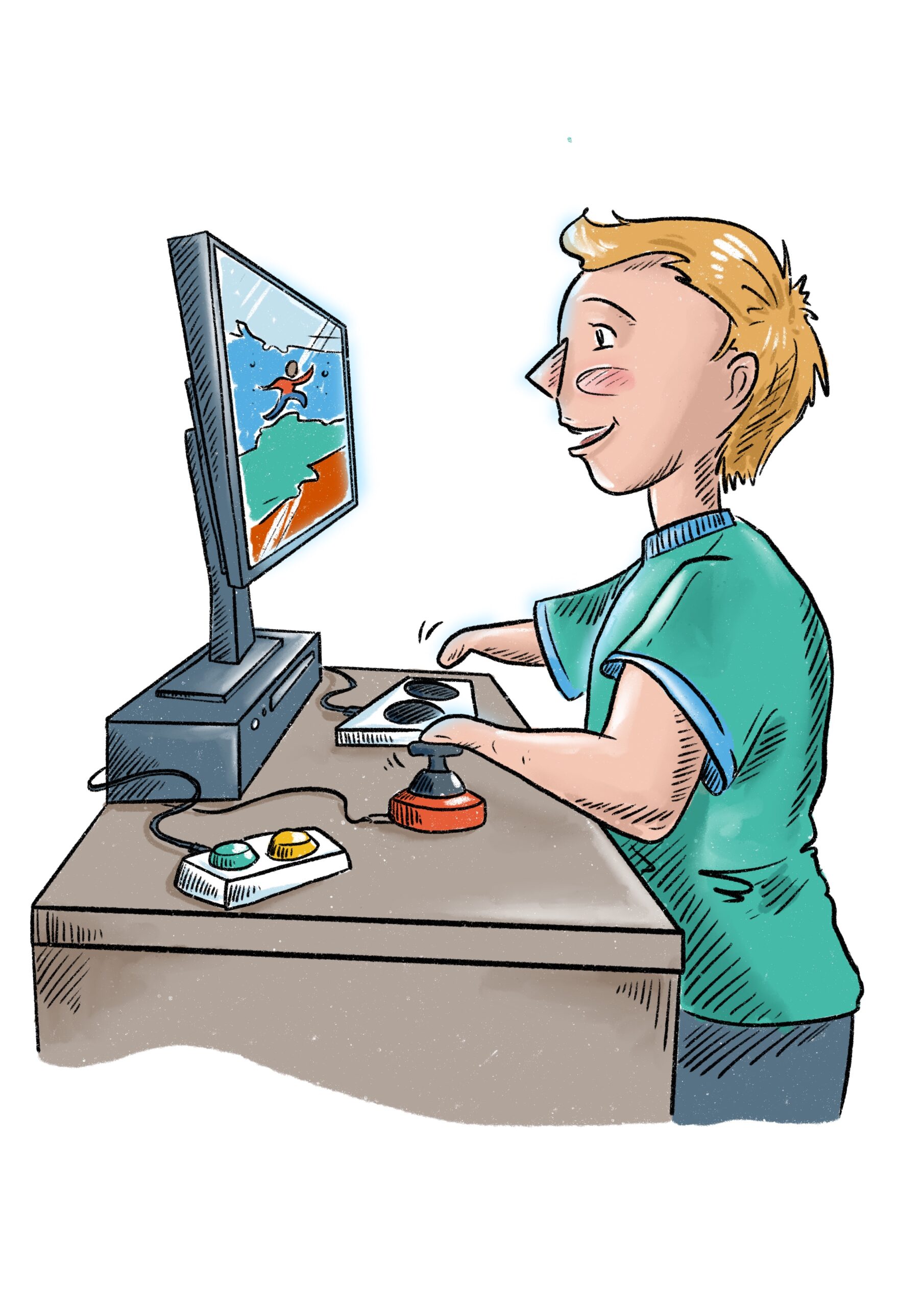 Grafik: Eine Person spielt Computer-Spiele und lacht dabei. Sie hat keine Hände und bedient adaptive Controller.