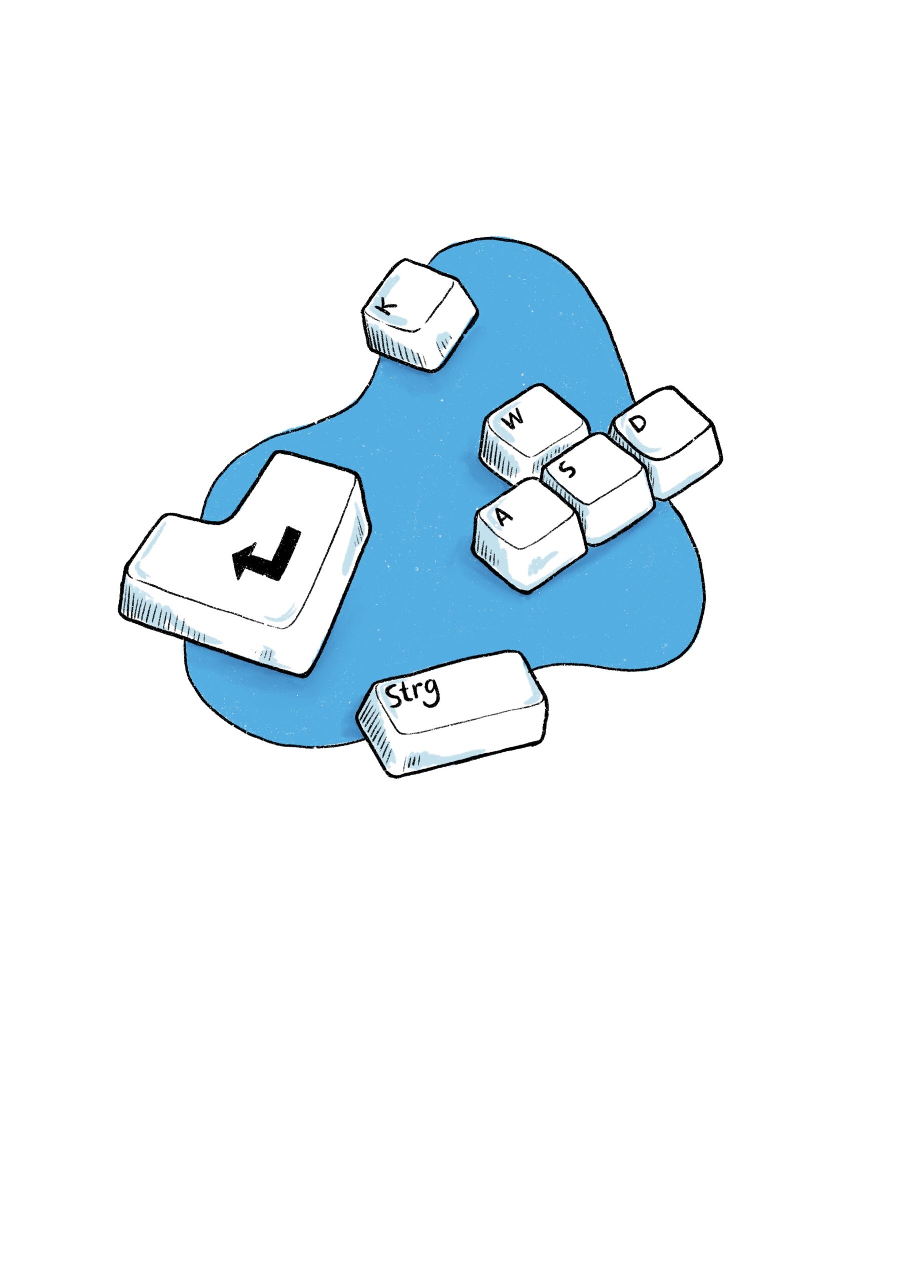 Grafik: lose Tasten einer Tastatur (wie Enter, Strg und W-A-S-D) liegen auf blauem Hintergrund.