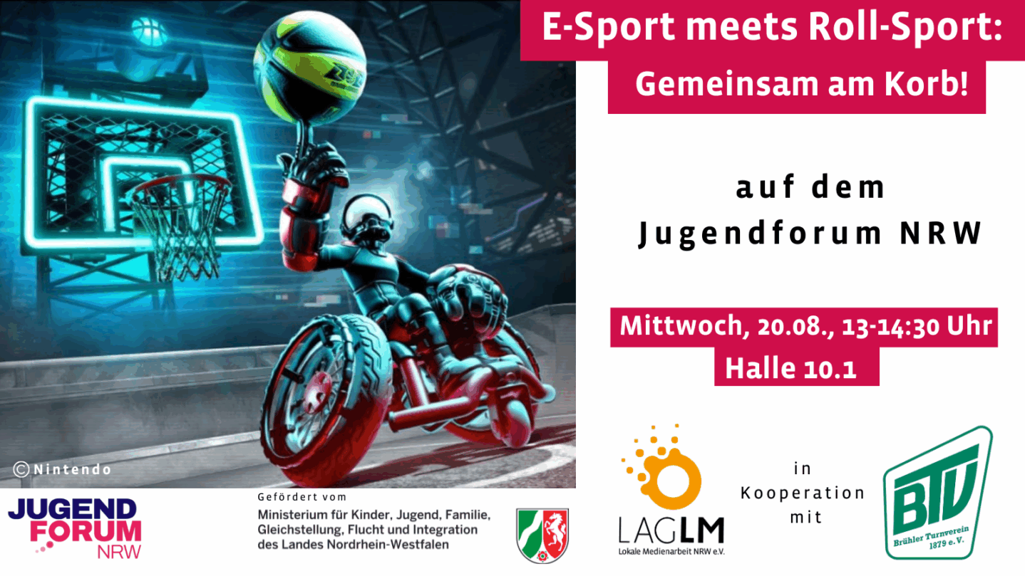 Ein digitale Spielfigur in einem Rollstuhl balanciert auf einem Finger einen Basketball. Im Hintergrund sieht man ein animiertes Basketball-Feld. E-Sport meets Roll-Sport: Gemeinsam am Korb! Die LAG LM auf dem Jugendforum NRW am Mittwoch, 20.08.2025, Halle 10.1