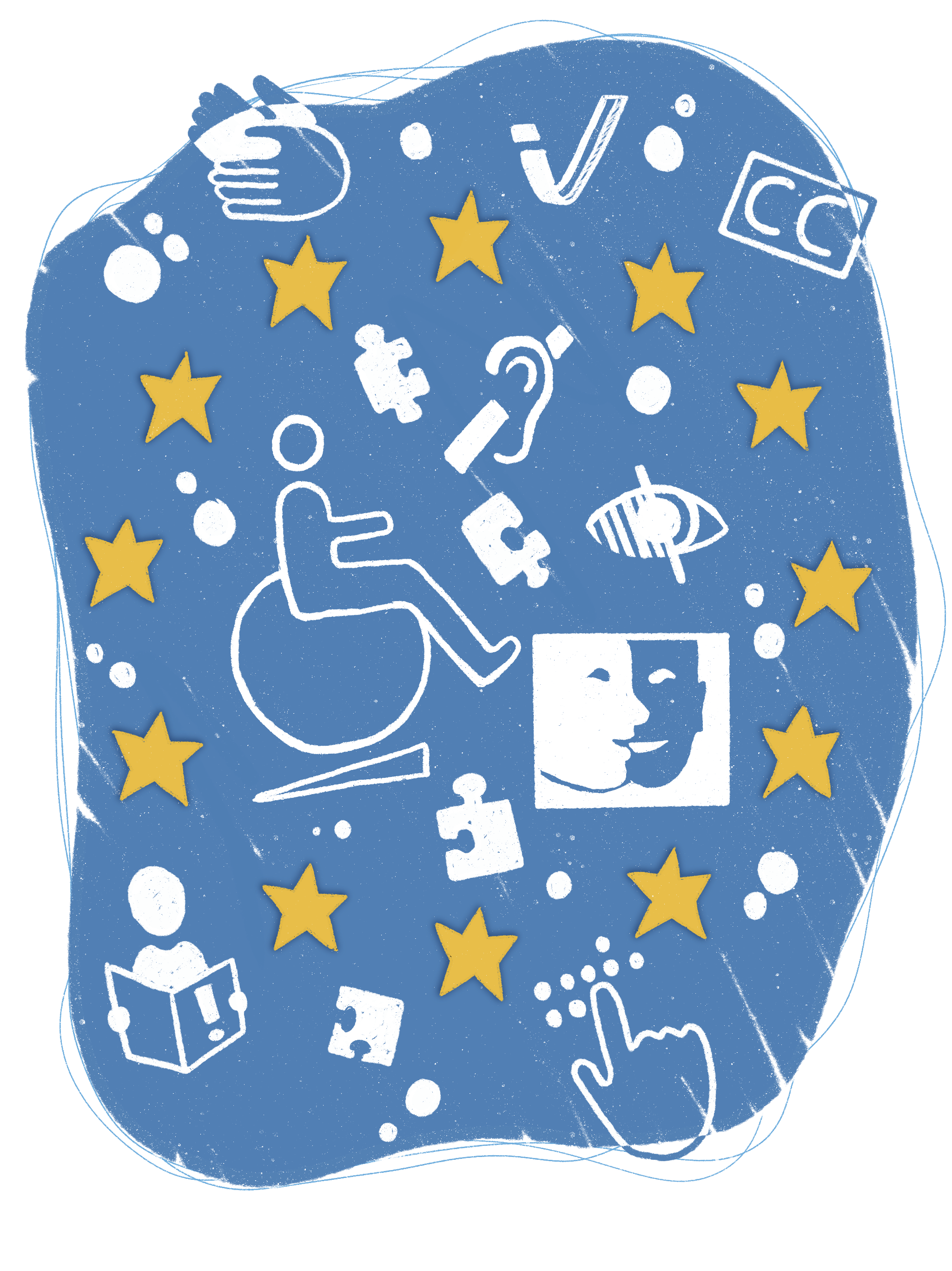 Zeichnung: Symbole für Inklusion und Barrierefreiheit, darunter Rollstuhl, Gebärdensprache, Hörgerät, Blindenschrift, Untertitel und Puzzle-Teile, umgeben von Sternen