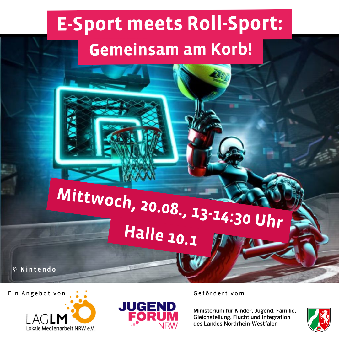 Ein digitale Spielfigur in einem Rollstuhl balanciert auf einem Finger einen Basketball. Im Hintergrund sieht man ein animiertes Basketball-Feld. E-Sport meets Roll-Sport: Gemeinsam am Korb! Die LAG LM auf dem Jugendforum NRW am Mittwoch, 20.08.2025, Halle 10.1