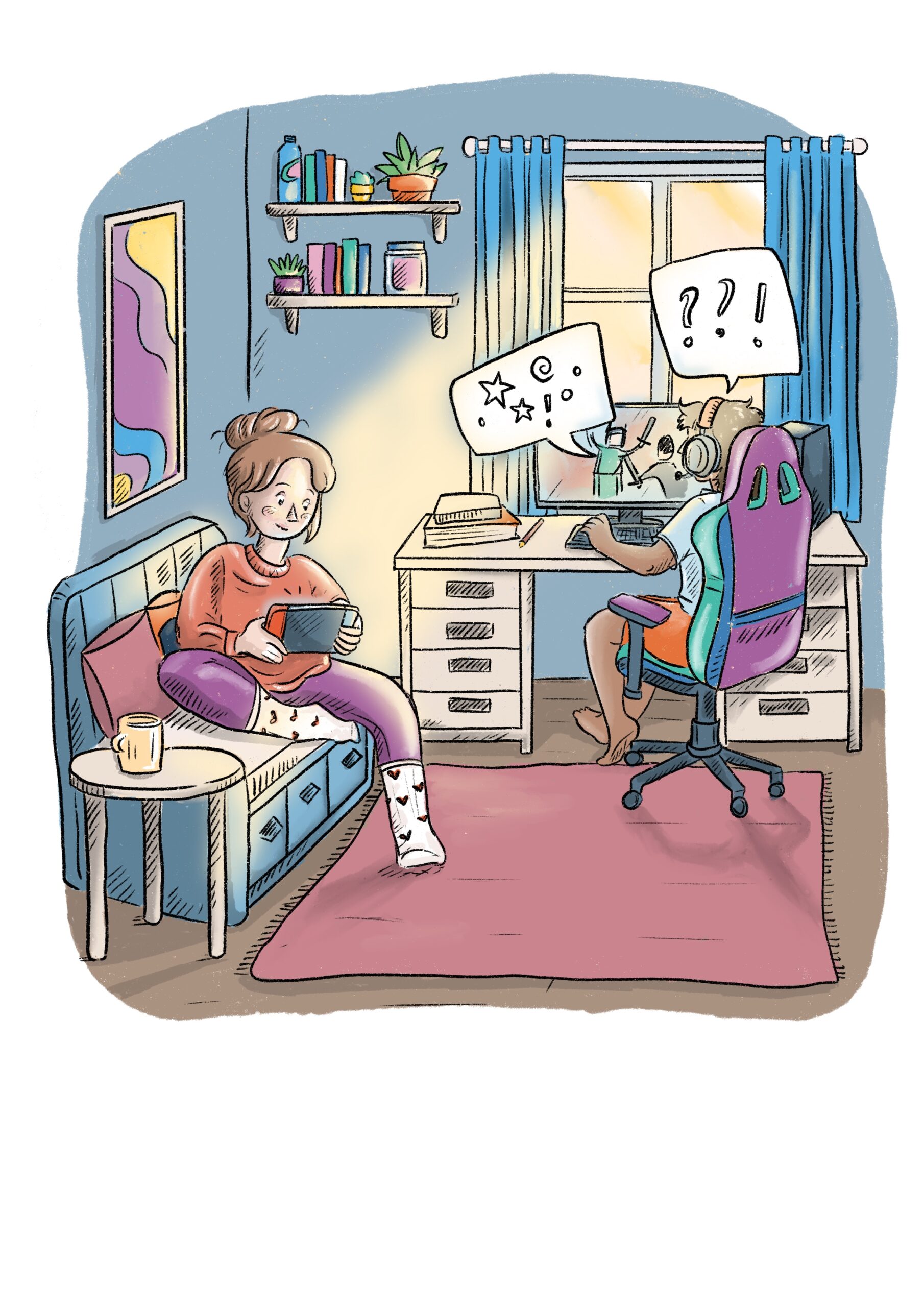Grafik: Eine Person sitzt auf einem Sofa und spielt an einem Tablet alleine. Eine zweite Person sitzt am Schreibtisch daneben und spielt am Computer und redet dort mit anderen, spielt also zusammen mit anderen Personen.
