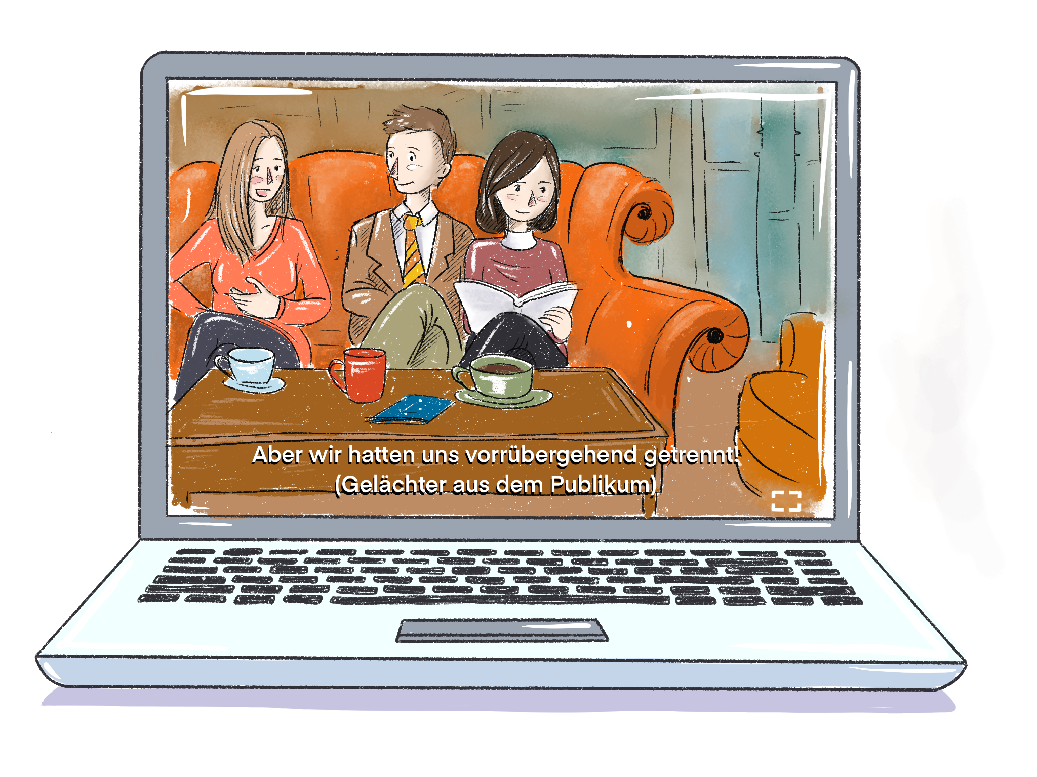 Zeichnung: Auf einem Laptop läuft eine Serie, in der Untertitel eingeblendet sind.