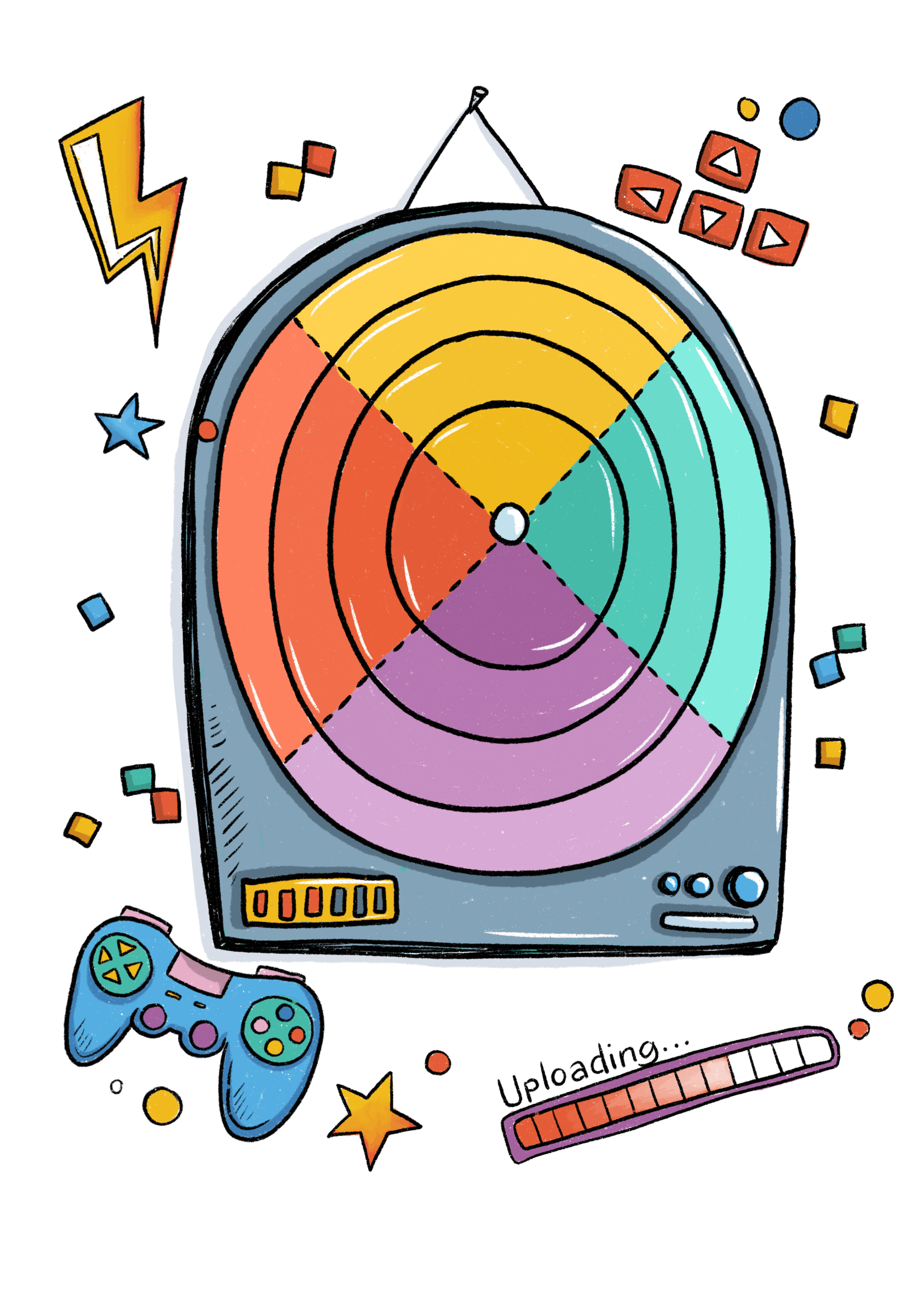 Grafik: eine bunte Zielscheibe. Um sie herum ein Controller, ein Ladebalken, ein Blitz, Sternchen, bunte Tetrissteine und Tastaturpfeile