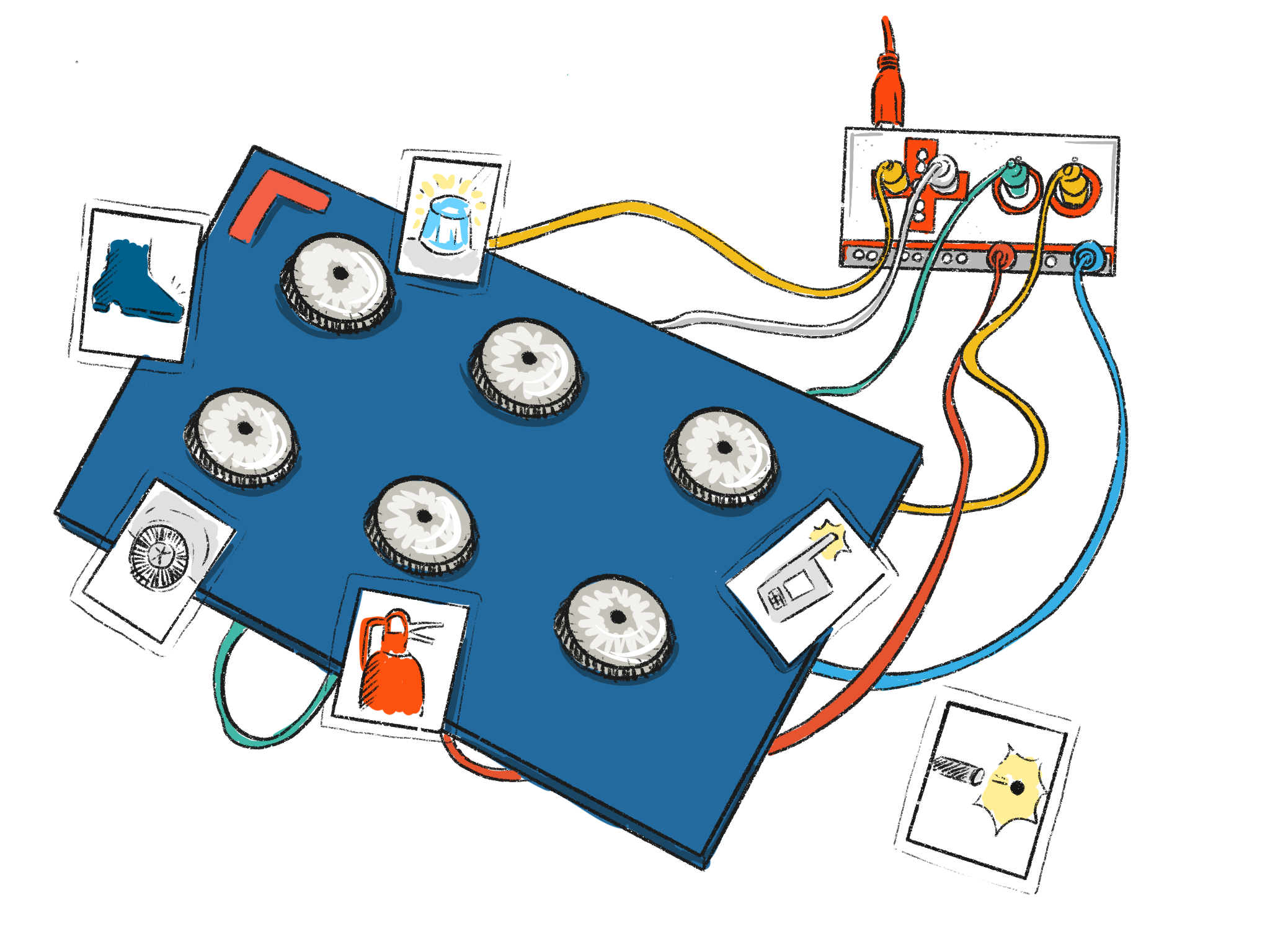 Blaues Board mit sechs runden Tasten, verbunden mit bunten Kabeln an einem MakeyMakey. Den Tasten sind kleinen Karten mit Symbolen zugeordnet, wie Schuh, Glocke, Taschenlampe und Stern.