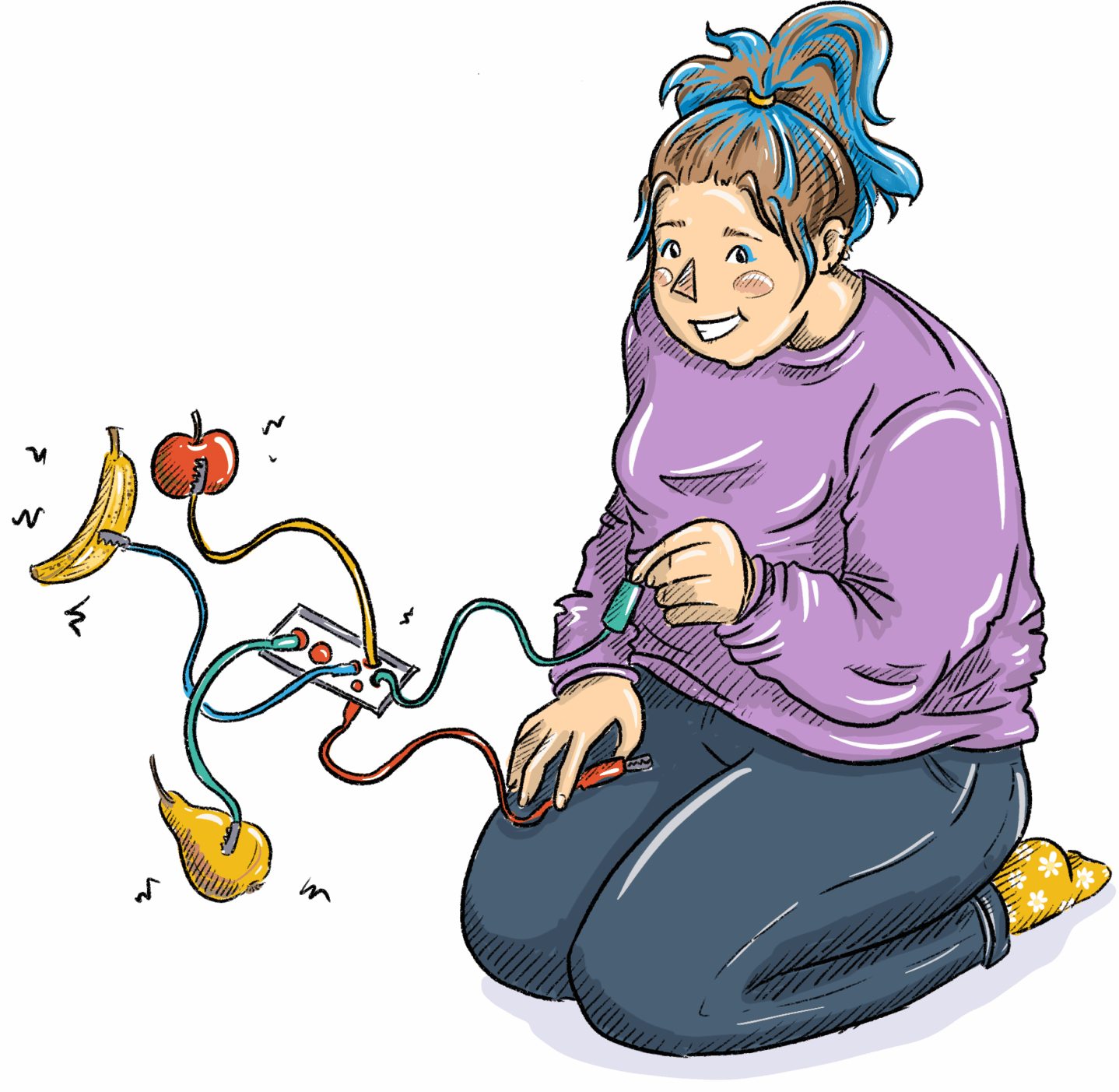 Zeichnung: eine Person nutzt einen MakeyMakey, der mit Obst verbunden ist. Das Obst wird dadurch zu Tasten mit verschiedenen Funktionen.