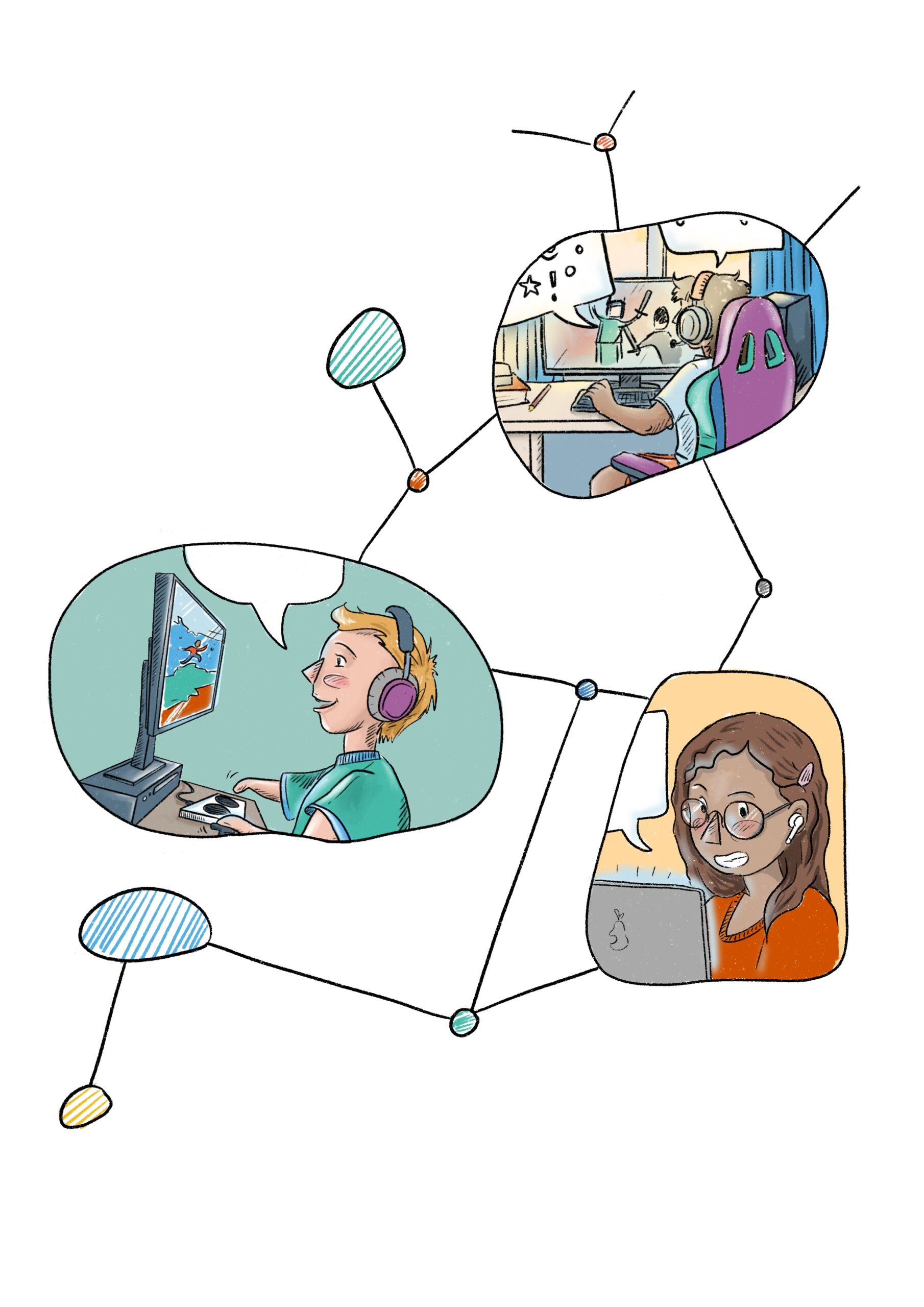 Grafik: Verschiedene Menschen spielen in verschiedenen Bildern Computer-Spiele und sprechen. Die verschiedenen Bilder sind mit einem Netz miteinander verbunden.