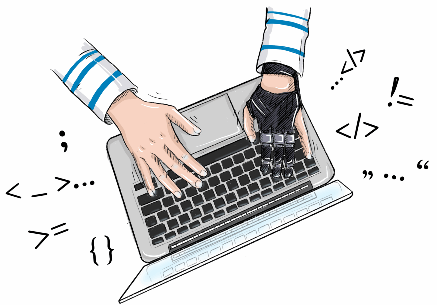 Zeichnung: Zwei Hände, eine mit Handprothese, tippen auf einer Laptop-Tastatur. Der Laptop ist umgeben von Programmierzeichen.