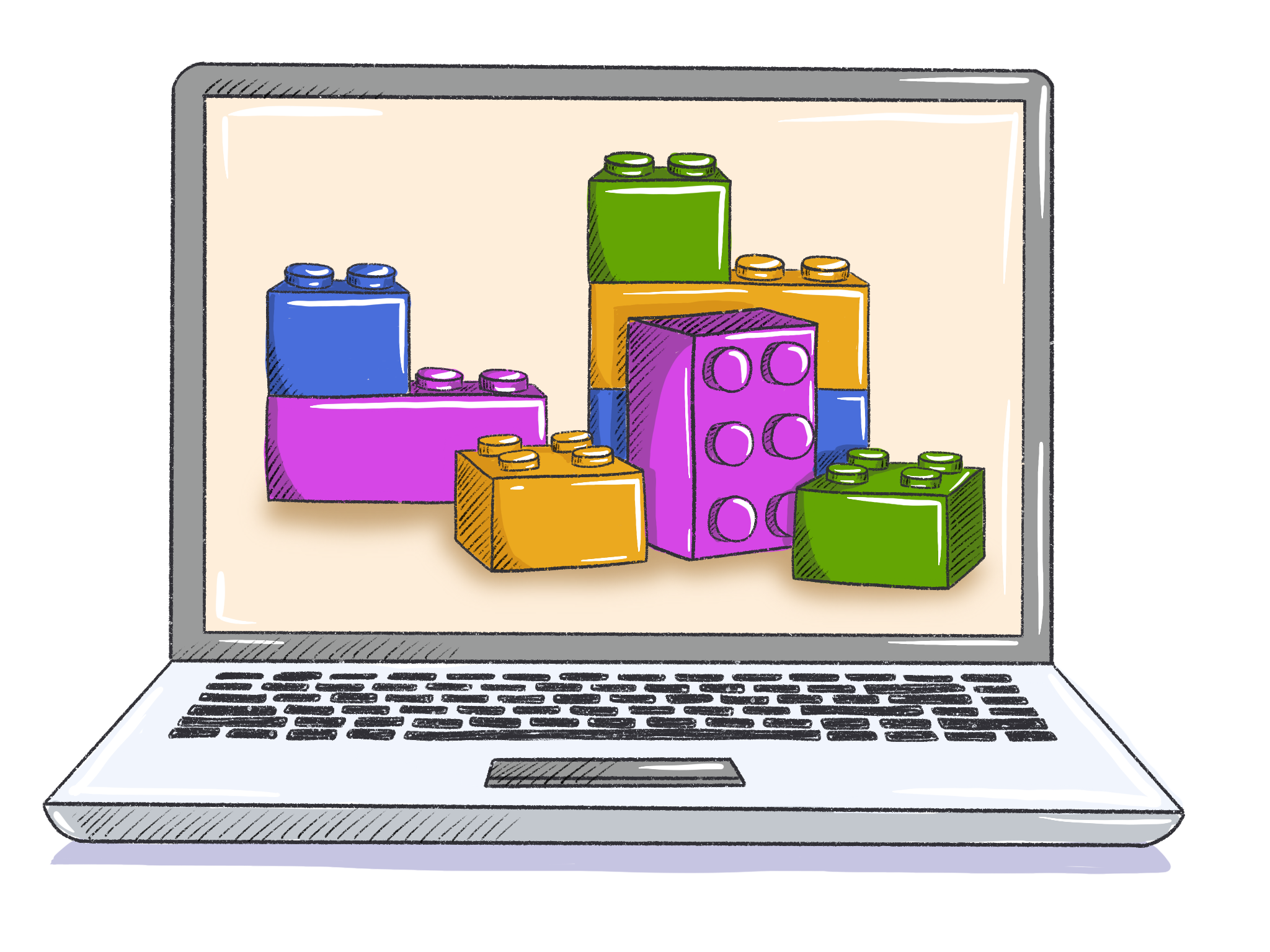Zeichnung: Aufgeklappter Laptop, auf dem Bildschirm sind bunte Bauklötze in verschiedenen Formen und Farben zu sehen.