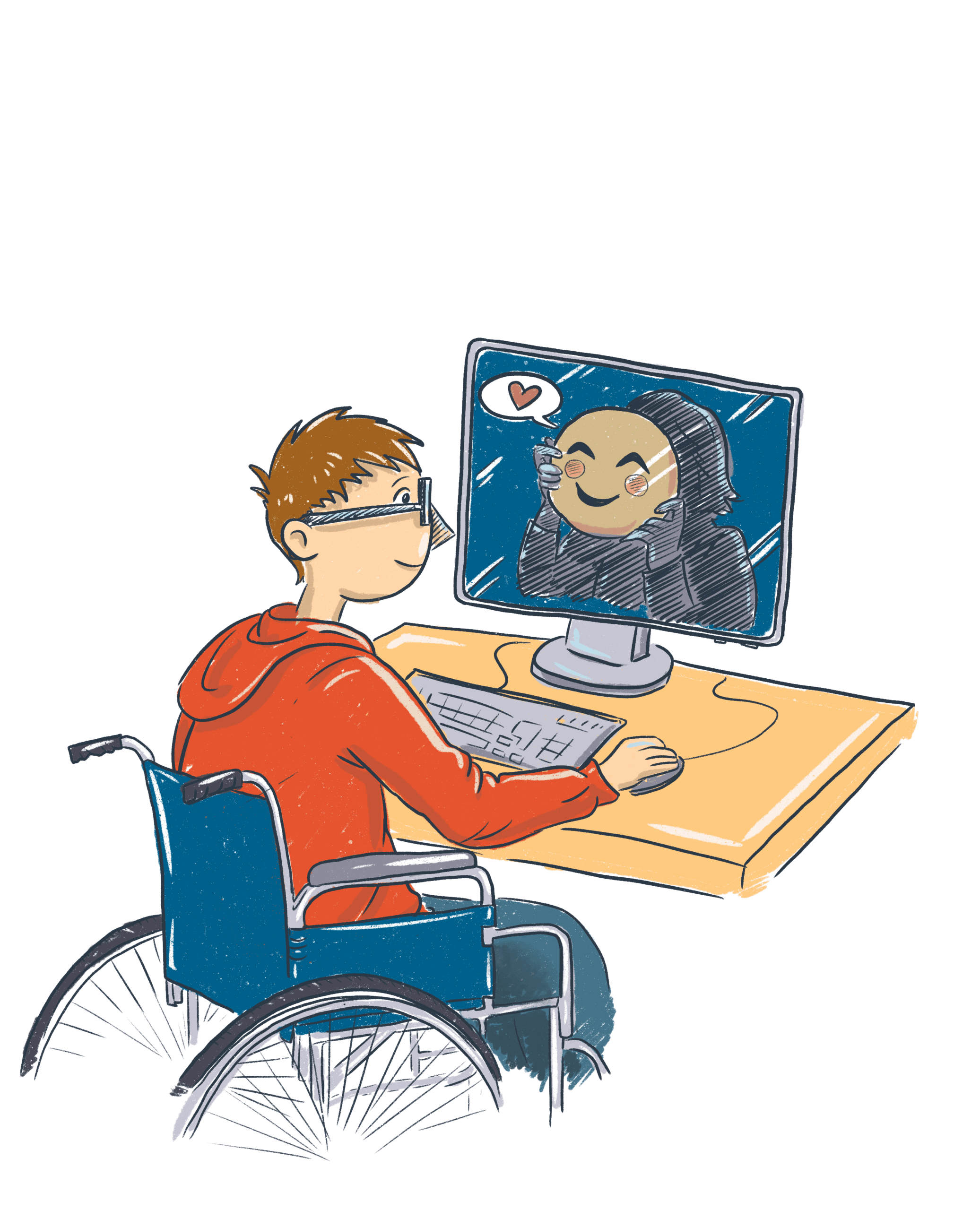 Grafik: Ein Kind sitzt an einem Schreibtisch vor einem Computer und hat eine Computer-Maus in der Hand. Das Kind lächelt. Auf dem Bildschirm des Computers ist schemenhaft ein Erwachsener abgebildet, der aber ein lachendes Emoji wie eine Maske vor sein Gesicht hält. Aus dem Emoji kommt eine Sprechblase mit einem roten Herz darin.