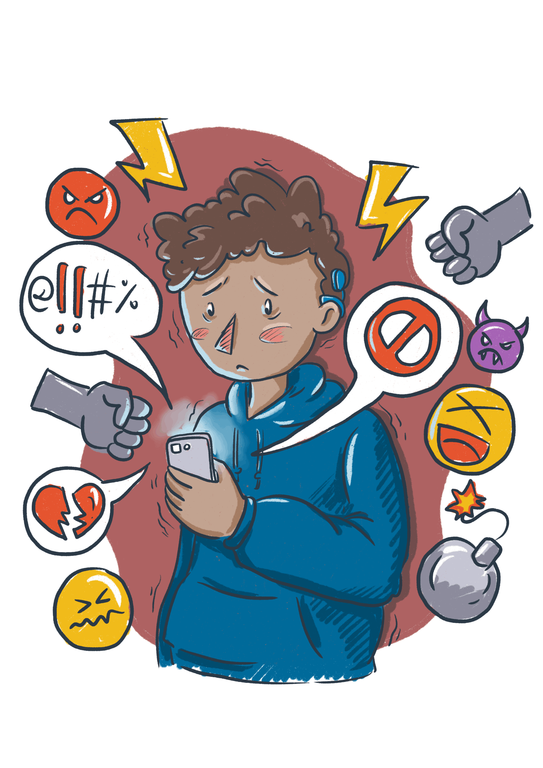 Grafik: Eine Person hält ein Handy in der Hand und guckt sehr traurig darauf. Aus dem Handy kommen mehrere Sprechblasen mit zerbrochenen Herzen, Sonderzeichen oder Stopp-Symbolen. Um die Person kreisen außerdem viele Emojis, wie eine Bombe, ein Teufel, Wut, eine Faust, Blitze und Andere.