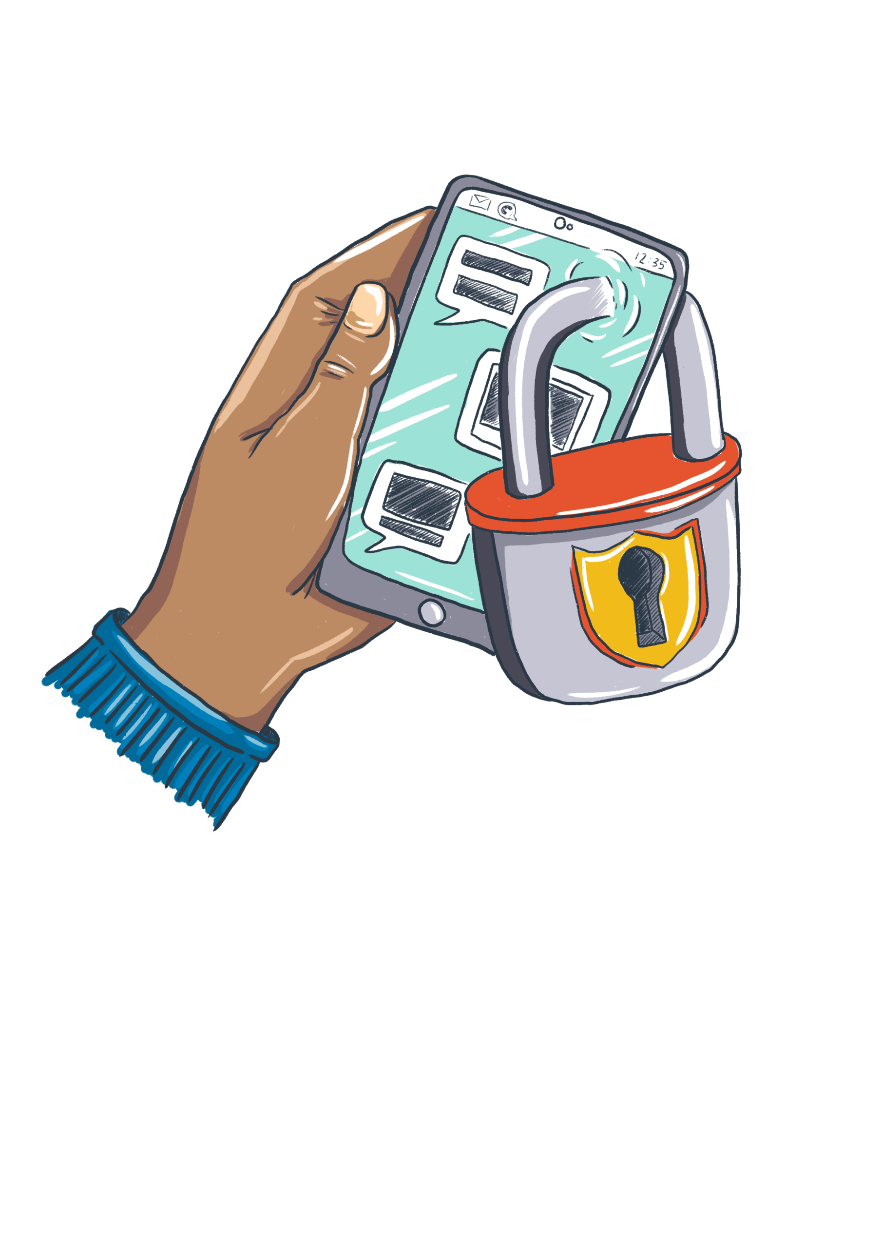 Grafik: eine Hand hält ein Smartphone. An dem Smartphone ist ein großes Vorhängeschloss befestigt.