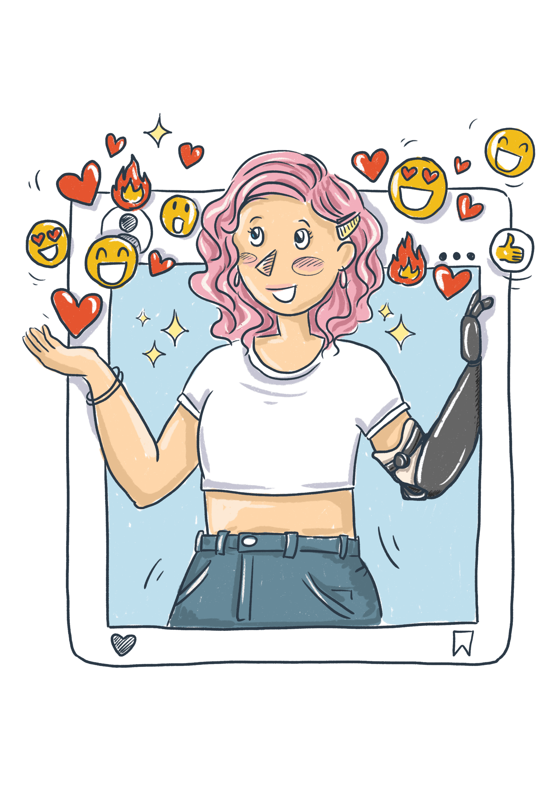 Grafik: Eine Person mit langen rosa Haaren, Ohrringen und einer Armprothese lächelt nett und steht in einem Smartphone. Sie hält die Hand hoch in die Richtung von vielen Emojis, darunter nur positive, wie lächelnde und lachende Emojis, solche mit Herzenaugen, ein Daumen hoch, Feuer und ganz viele rote Herzen.