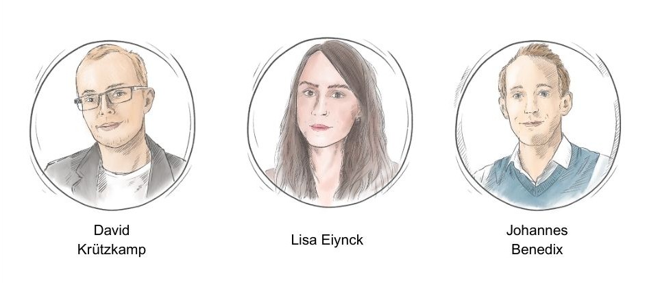 Grafik: Portraitfotos der Autor*innen von Netzstecker: David Krützkamp, Lisa Eiynck und Johannes Benedix.