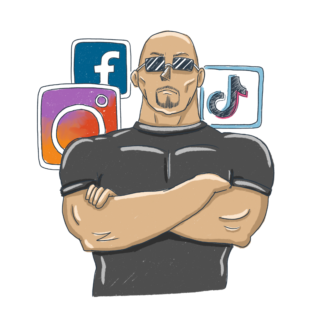 Grafik: ein großer Mann mit Glatze und großen Muskeln verschränkt die Arme. Er trägt einen Bart und eine Sonnenbrille. Im Hintergrund schweben die Symbole von Instagram, facebook und tiktok