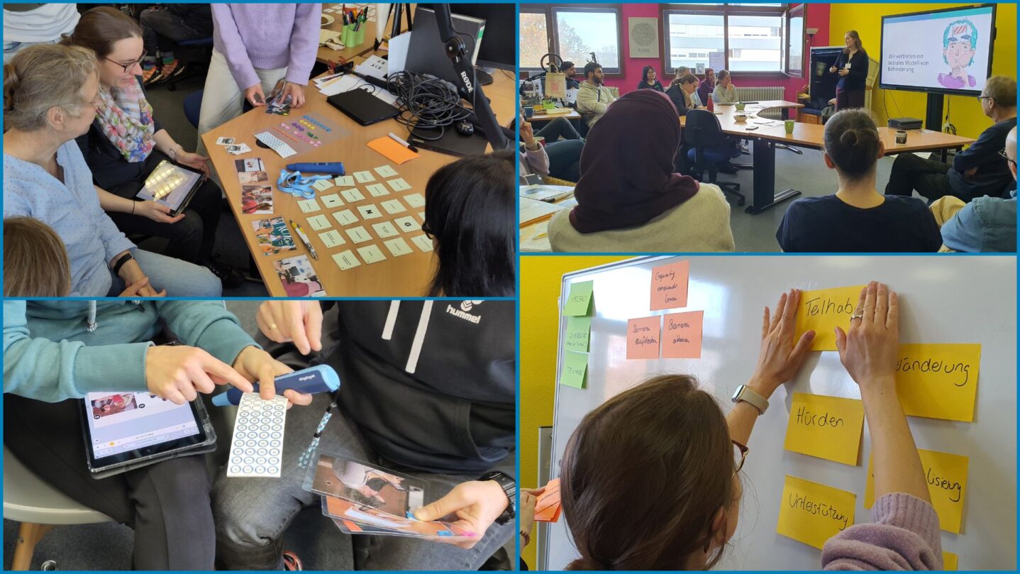 Eine Collage aus Fotos aus dem Workshop. Fachkräfte sitzen in Gruppen zusammen und testen sprechende Stifte aus und betrachten Fotos, kleben Post-Its an eine Wand oder hören aufmerksam der Rednerin vorne zum Thema "Inklusion" zu.
