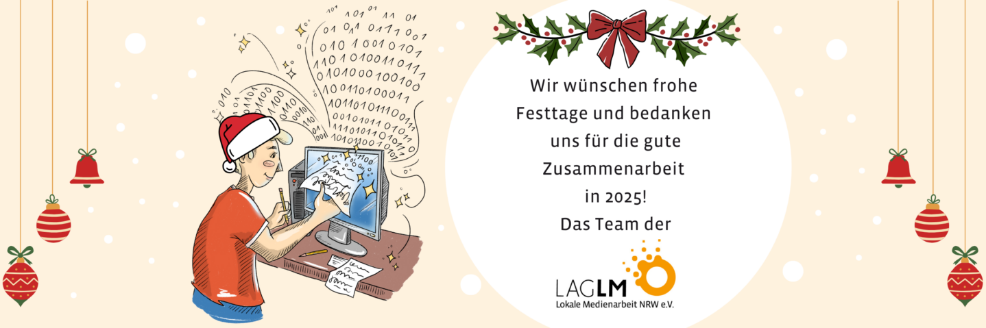 Zeichnung: Jugendlicher, der eine Weihnachtsmütze trägt, schreibt am Computer, aus Bildschirm fließen Papier und Binärcode-Zahlen in die Luft. Um ihn herum schwirre Schneeflocken und Bunte Weihnachtskugeln hängen in der Luft.