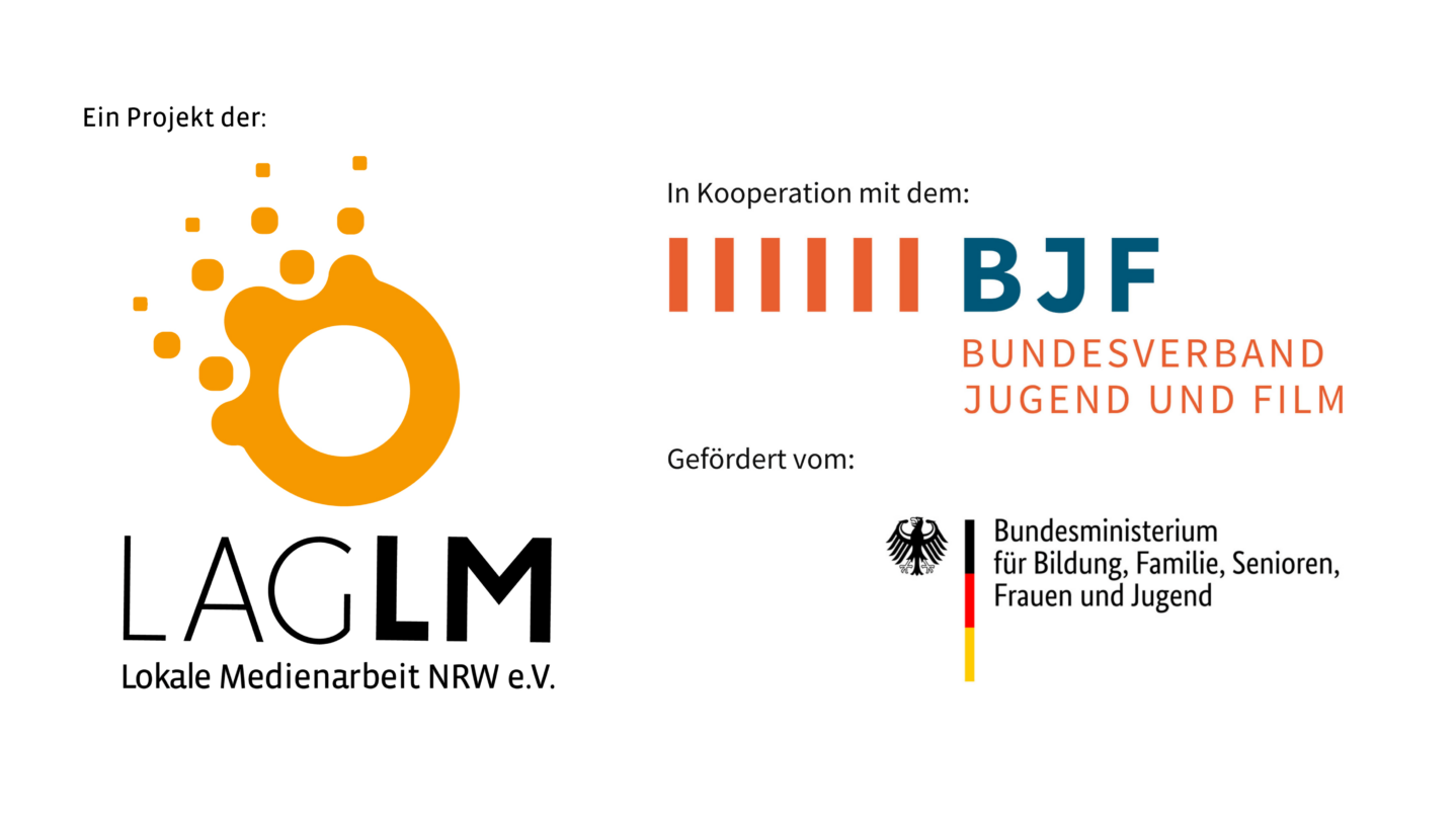 Zusammenstellung von Logos: Ein Projekt der LAG Lokale Medienarbeit NRW e.V., in Kooperation mit dem Bundesverband Jugend und Film, gefördert vom Bundesministerium für Bildung, Familie, Senioren, Frauen und Jugend