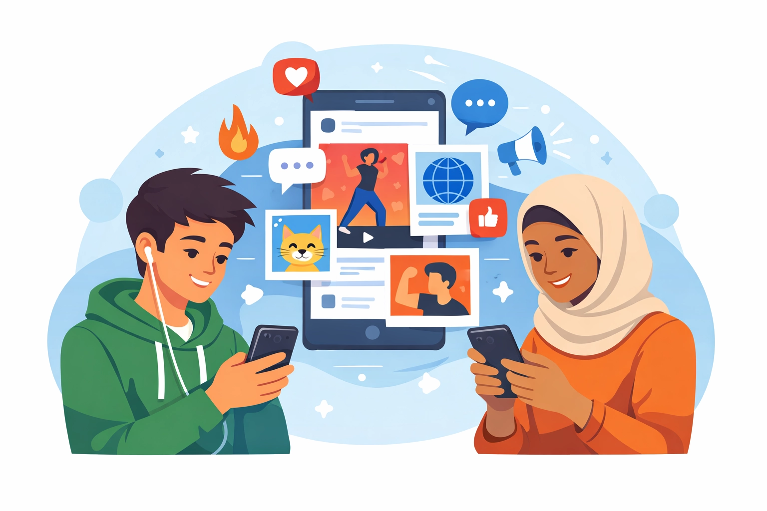 KI-generiertes Bild: Zwei Personen mit Smartphones vor einer großen Smartphone-Grafik mit Social-Media-Symbolen und Beitragsbildern