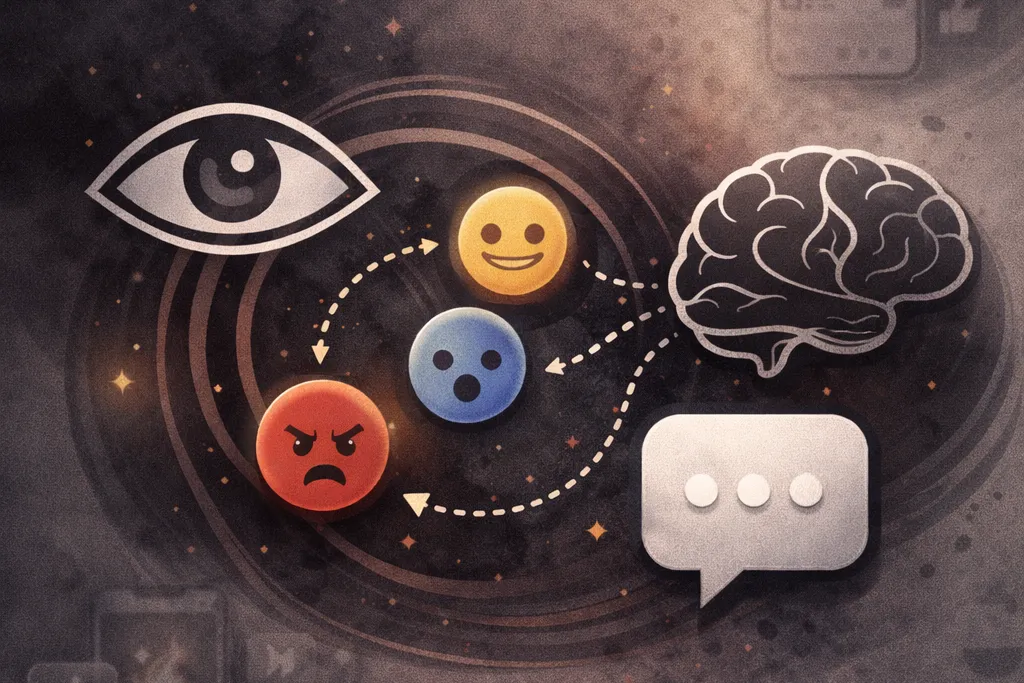 KI-generiertes Bild: Grafik mit Auge, Gehirn, Sprechblase und drei Emojis (lächelnd, überrascht, wütend) verbunden durch Pfeile auf dunklem Hintergrund