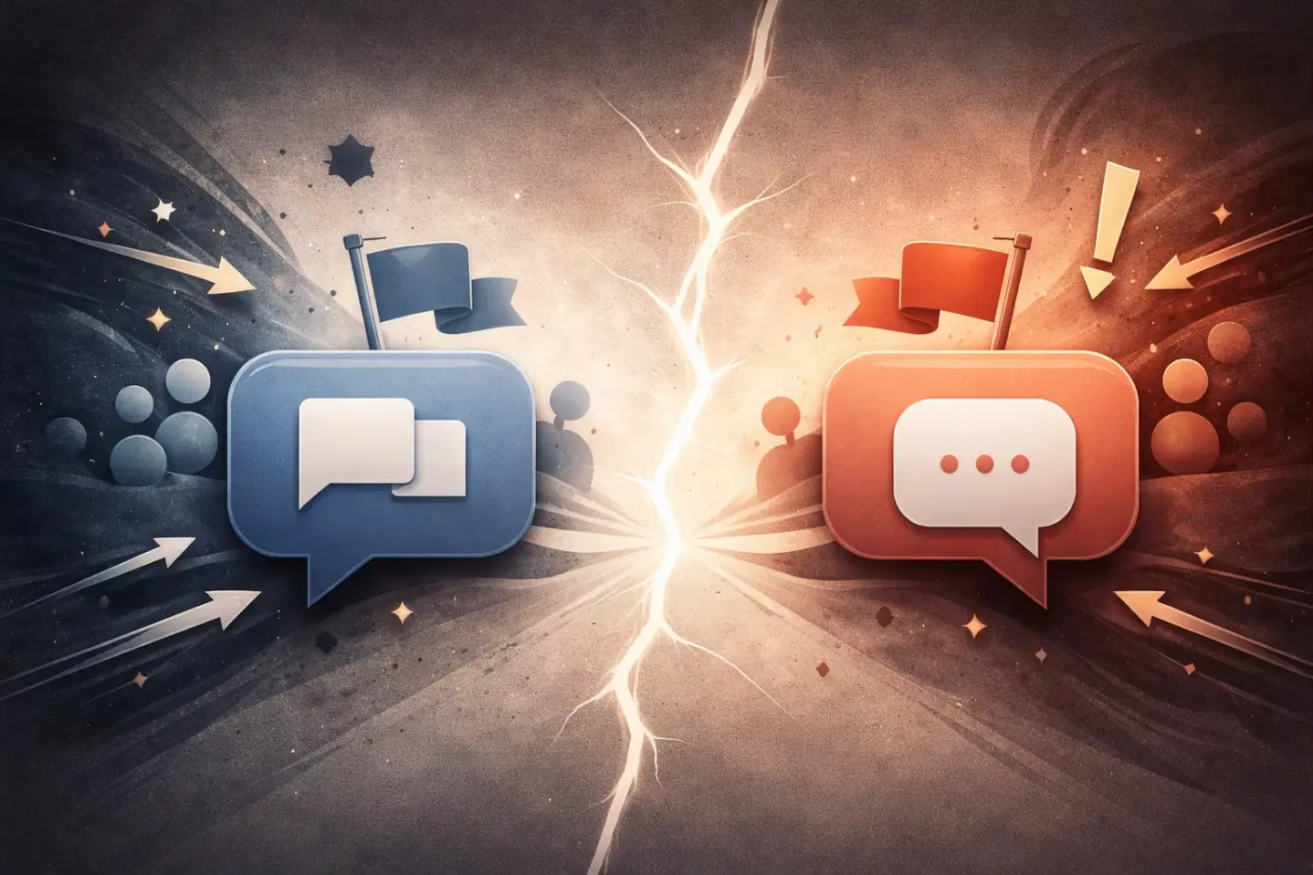 KI-generiertes Bild: Zwei gegenüberstehende Sprechblasen mit Flaggen, eine blau mit zwei überlappenden Rechtecken, die andere rot mit drei Punkten, getrennt durch einen Blitz in der Bildmitte