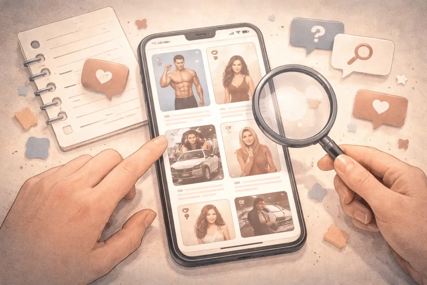 KI-generiertes Bild: Smartphone mit Dating-App, auf dem eine Hand ein Profil antippt und eine andere Hand eine Lupe hält, daneben ein Notizblock und Sprechblasen mit Herz, Fragezeichen und Lupe