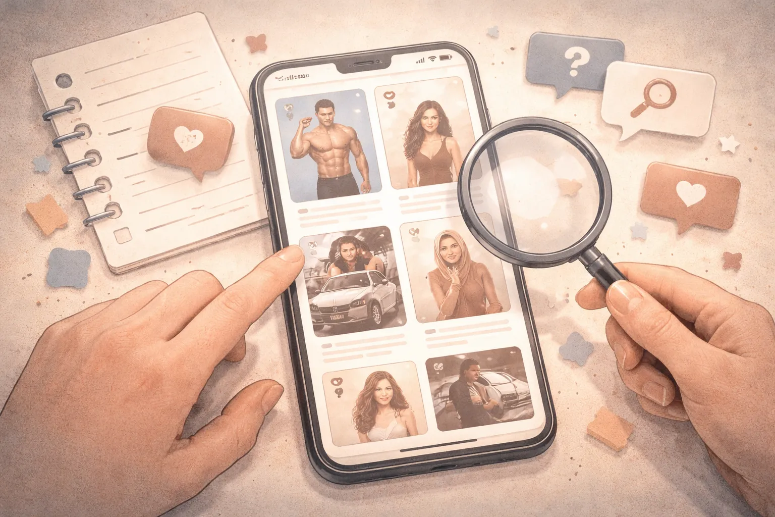 KI-generiertes Bild: Smartphone mit Dating-App, auf dem eine Hand ein Profil antippt und eine andere Hand eine Lupe hält, daneben ein Notizblock und Sprechblasen mit Herz, Fragezeichen und Lupe